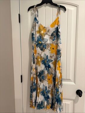 Floral Pleated Midi Dress with Tie Straps in Blue and Yellow